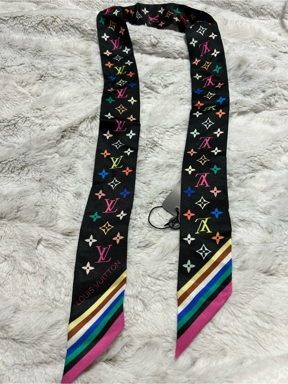 Black Silk Multicolor Monogram Twilly with Rainbow Stripe